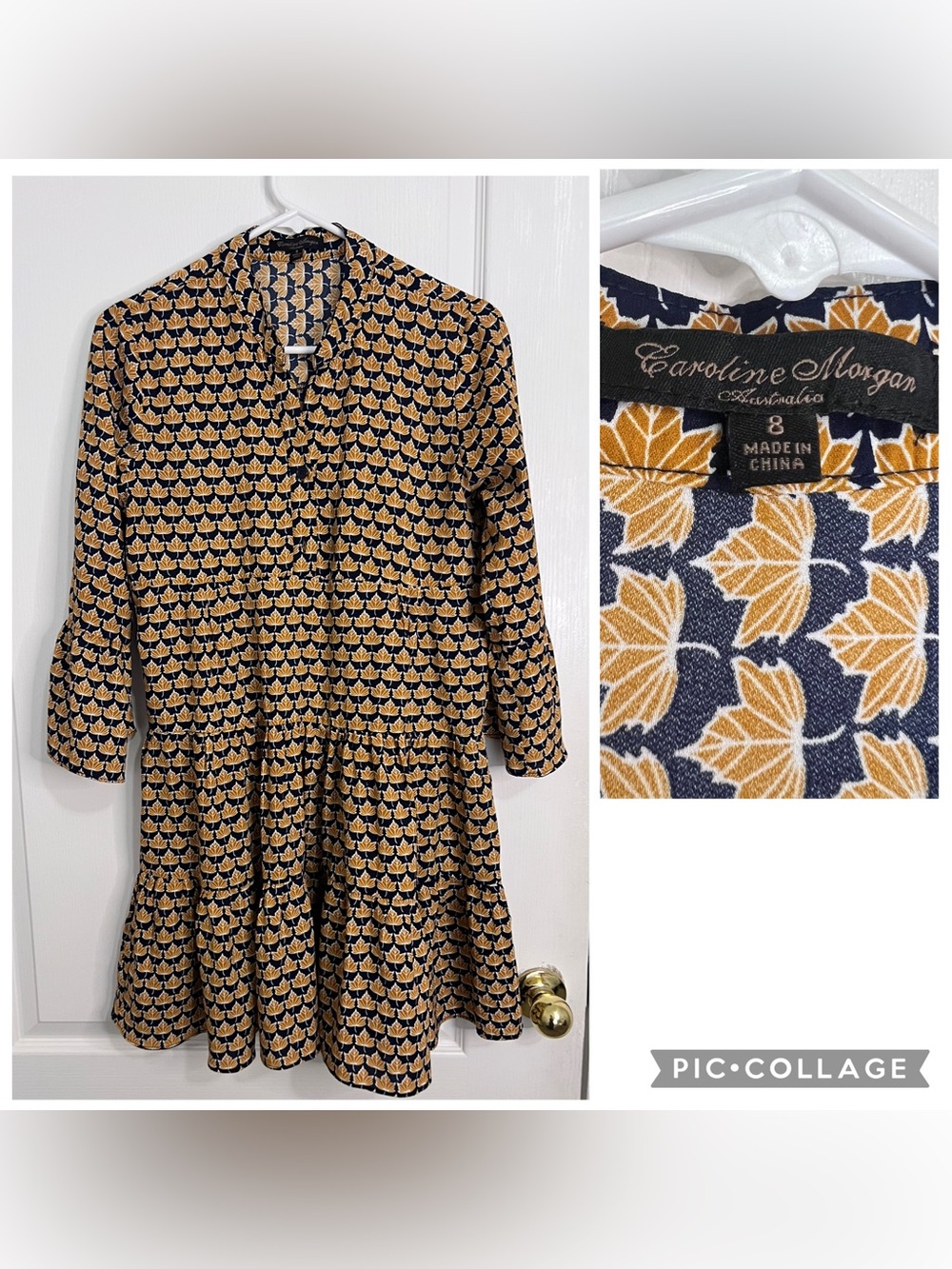 Caroline Morgan navy  and Mustard Floral Tiered Dress size 8
